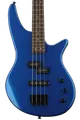 Blue electric bass guitar with a sleek design, featuring four strings and black pickups, set against a simple background: The Logo for DChavezMusic.CC.